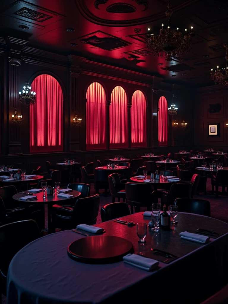 there is a room with tables and chairs and a projector screen, detailed an empty jazz cafe, ballroom background, random background scene, neo - noir setting, red room, nightclub, stage background, vip room, rich atmosphere, theatrical scenery, theater stage, empty stage, palatial scene, fancy restaurant, rich cinematic atmosphere, va-11 hall-a