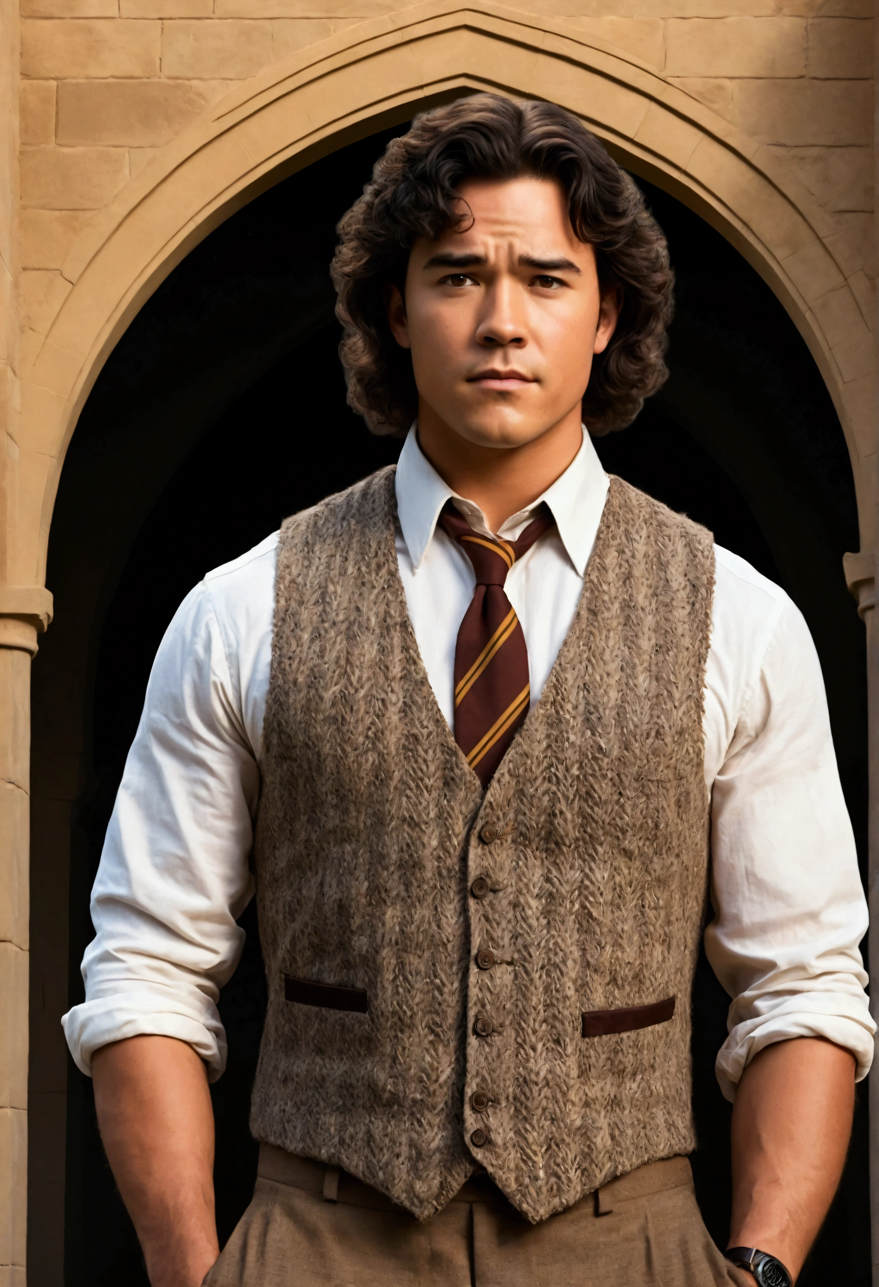 An illustrated movie poster, hand-drawn, full color, a Hogwarts Professor, 21 years old, male, brown eyes, brown-black hair, voluminous curly mane, suntan complexion, medium height, broad shoulders, stocky frame, muscular, rugged scruffy appearance, lots of body hair, resembles Dean Cain, wearing a tweed vest and slacks, standing in the transfiguration courtyard, hard shadows, graphite shading, stencil marks, airbrushed acrylic paint, masterpiece, in the style of the Deathly Hallows