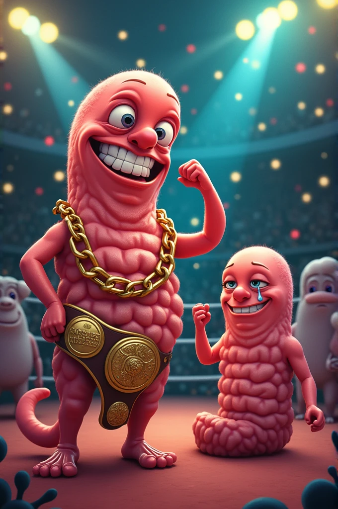 A rapper small intestine holding a championship belt and a crying large intestine