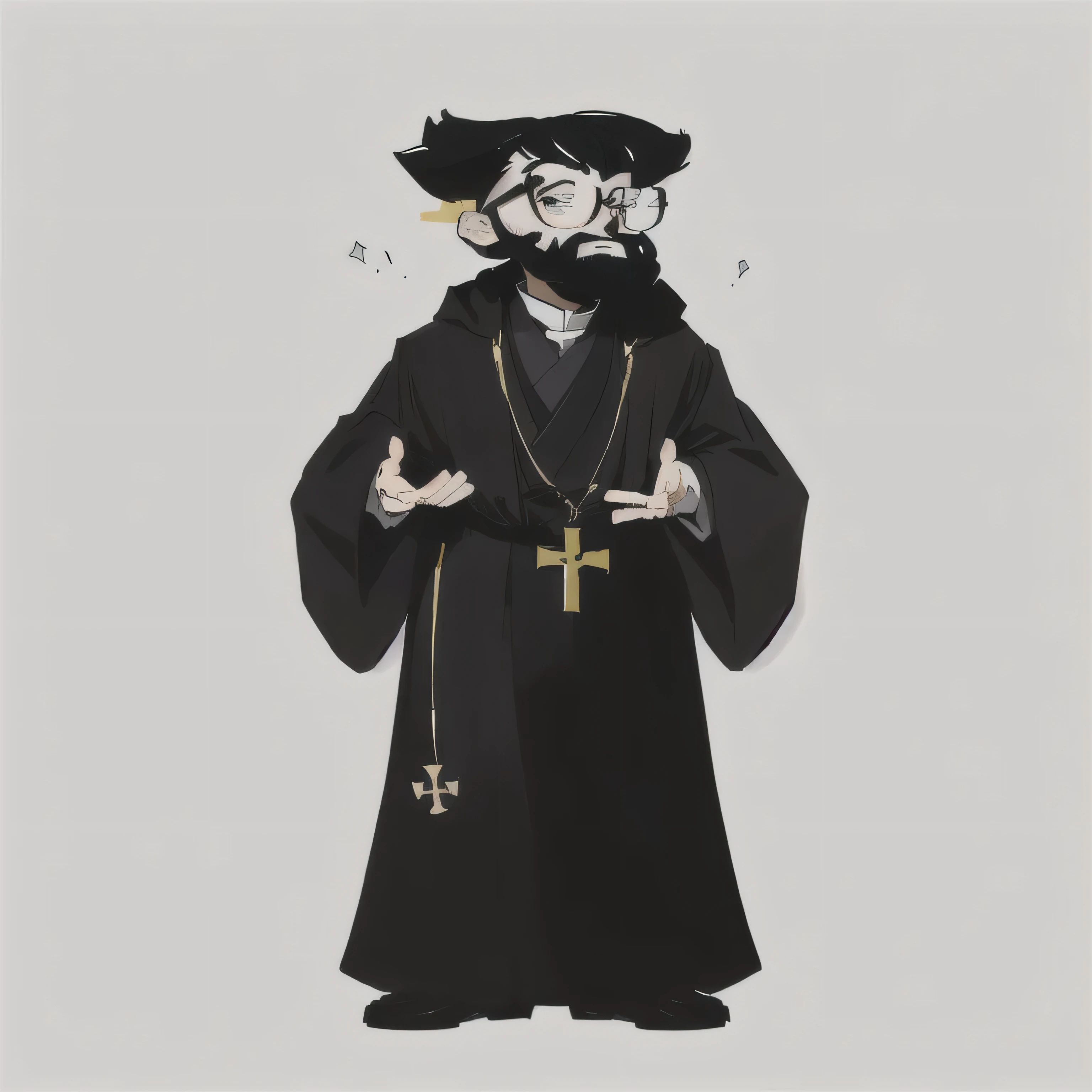 a priest with glasses in cartoon style, cross on his chest, priest's robe.