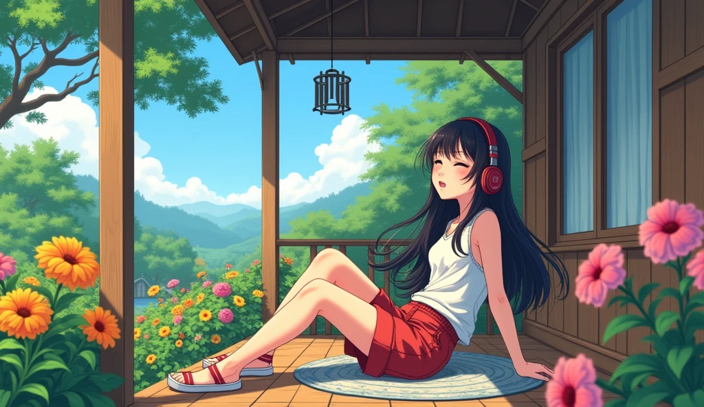 Perfect image, 8k, noon、A high school girl listening to music on a cozy veranda,holiday、 Using headphones, 2D-style animation, Lo-Fi, hard disk, Big Breasts、one's home、wind chimes、summer、Retro、Japanese style、Wooden house、Single-story house、countryside、garden