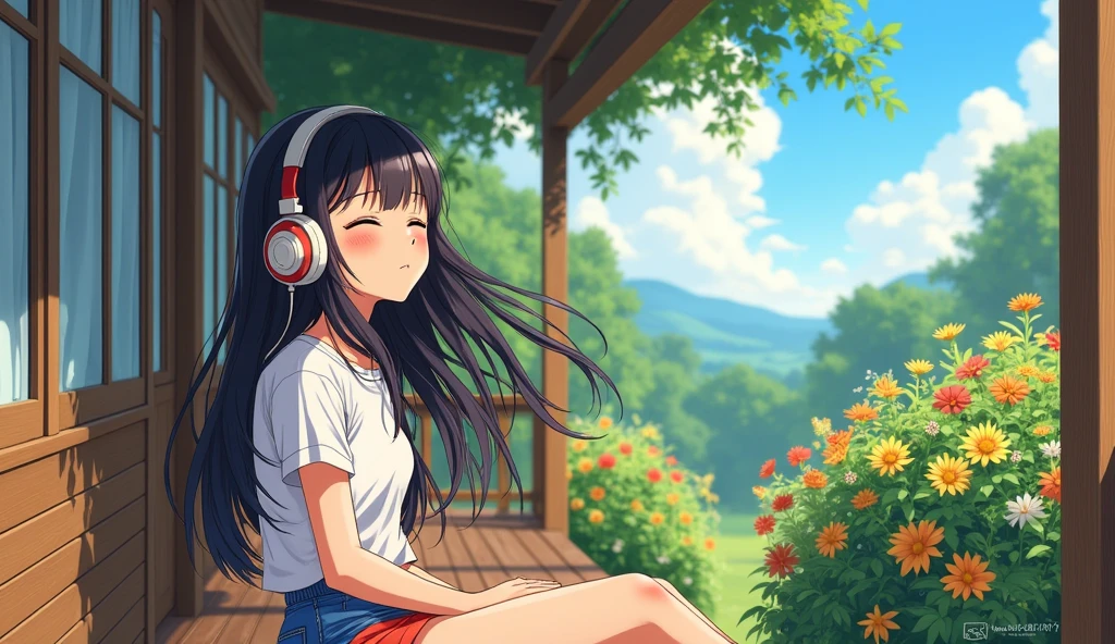 Perfect image, 8k, noon、A high school girl listening to music on a cozy veranda,holiday、 Using headphones, 2D-style animation, Lo-Fi, hard disk, Big Breasts、one&#39;s home、wind chimes、summer、Retro、Japanese style、Wooden house、Single-story house、countryside、garden