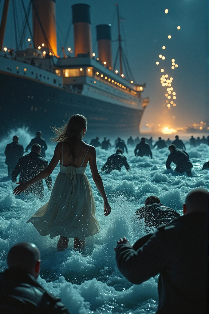 Titanic sinking, some people are trying to save their life some people are floating some people are in boat everyone crying