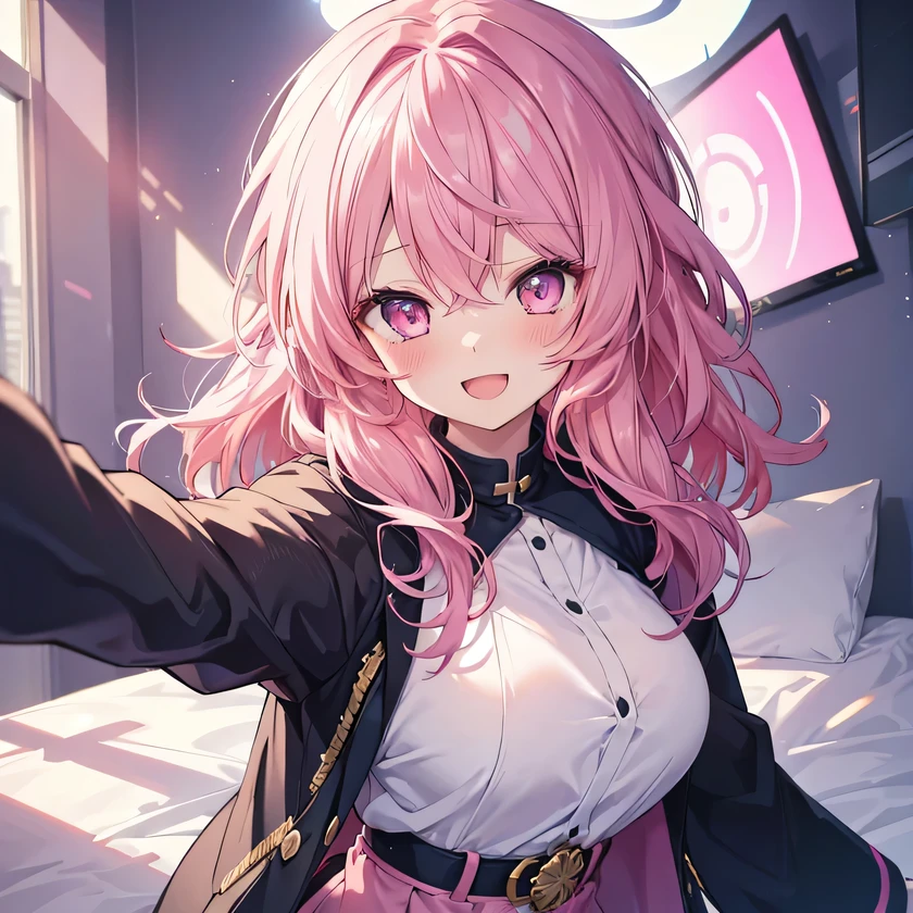 girl, cute anime girl, smile, open mouth, pink hair, long hair, messy hair, pink eyes, blushing, girl, big tits, beautiful hair style, (((Best Quality: 1.4)))
