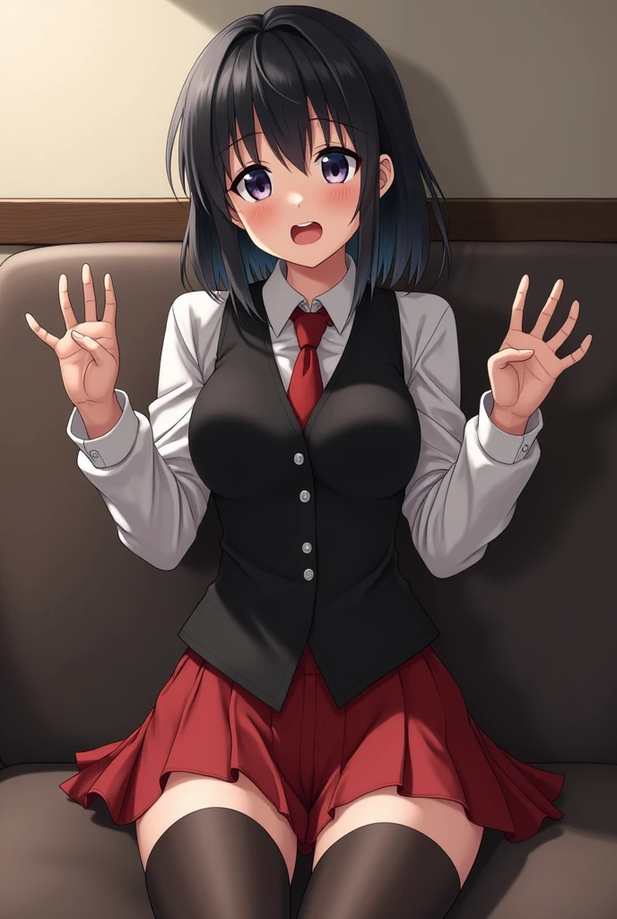 photorealistic, detailed, 1 pretty girl, rika shiraki, platinum black hair, bible black uniform, red tie, white longsleeve blouse, black vest, red skirt, thighhighs, surprised expression, wide open mouth, about to weep, all clothes see-through so much, big erect nipples, very snall pantie, from knee to head,