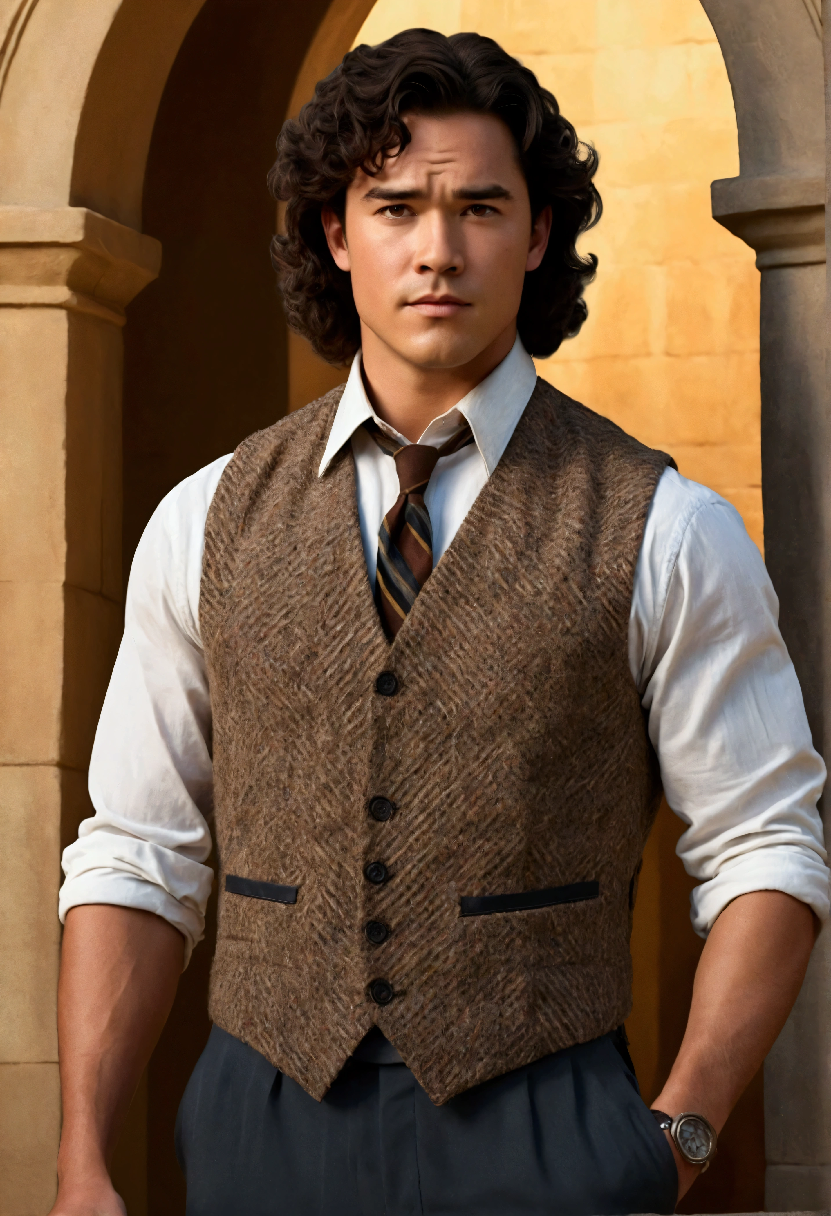 An illustrated movie poster, hand-drawn, full color, a Hogwarts Professor, 21 years old, male, brown eyes, brown-black hair, voluminous curly mane, suntan complexion, medium height, broad shoulders, stocky frame, muscular, rugged scruffy appearance, lots of body hair, resembles Dean Cain, wearing a tweed vest and slacks, standing in the transfiguration courtyard, hard shadows, graphite shading, stencil marks, airbrushed acrylic paint, masterpiece, in the style of the Deathly Hallows