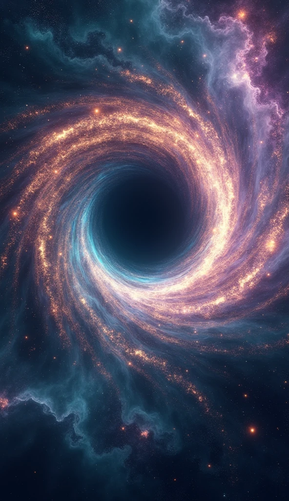 Imagine a surreal and mystical black hole at the center of a vast, ethereal galaxy. Instead of being a void of darkness, this black hole glows with an iridescent aura, surrounded by swirling rings of light that shimmer in hues of deep purples, blues, and emerald greens. The event horizon is a mesmerizing spiral of energy, pulling in nearby stars and cosmic dust, which stretch and distort as they spiral inward, creating a stunning visual vortex of light and color. Surrounding the black hole, streams of luminous gas and particles flow like rivers of liquid light, drawn into the black hole’s gravitational pull. Occasionally, bursts of radiant energy shoot out from the poles of the black hole, lighting up the surrounding space with brilliant flashes that ripple across the galaxy. The entire scene is both awe-inspiring and terrifying, a cosmic dance of creation and destruction, where the laws of physics bend and reality seems to blur into a dreamlike state.