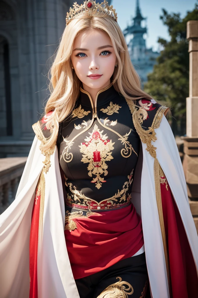 8k,Blonde princess in gorgeous red, white, Black and blue breastplate, Super Beauty(Like the real thing)Realistic Skin,Beautiful Princess Night,Blue eyes, Princess Night, ((A beautiful and fantastic Princess Night)), elegant , gorgeous princess paladin, Beautiful Princess Night,Ultra-high resolution,masterpiece,surreal,Fantasy art,curator art,cinestill 800,Captivating Gaze,sexly,Close-up,sexlyな胸鎧,細くmuscularな身体,Battle Scenes,Action Scenes,Action pose,Equipped with a rapier on the waist,Royal coat of arms engraved on the breastplate,red and white luxurious cloak,Fight the enemy,Slender body,muscular,gorgeous red and black pants(Gold embroidery),Small breasts,Childish appearance,Rugged appearance,Short Princess Night,Makeup,Big smile,