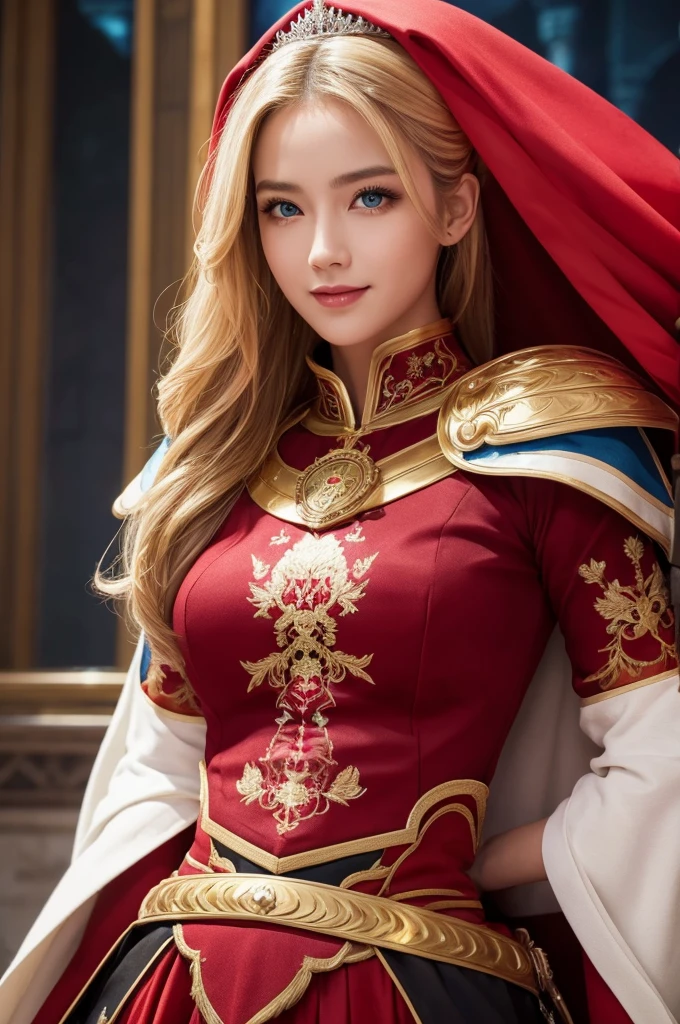 8k,Blonde princess in gorgeous red, white, Black and blue breastplate, Super Beauty(Like the real thing)Realistic Skin,Beautiful Princess Night,Blue eyes, Princess Night, ((A beautiful and fantastic Princess Night)), elegant , gorgeous princess paladin, Beautiful Princess Night,Ultra-high resolution,masterpiece,surreal,Fantasy art,curator art,cinestill 800,Captivating Gaze,sexly,Close-up,sexlyな胸鎧,細くmuscularな身体,Battle Scenes,Action Scenes,Action pose,Equipped with a rapier on the waist,Royal coat of arms engraved on the breastplate,red and white luxurious cloak,Fight the enemy,Slender body,muscular,gorgeous red and black pants(Gold embroidery),Small breasts,Childish appearance,Rugged appearance,Short Princess Night,Makeup,Big smile,