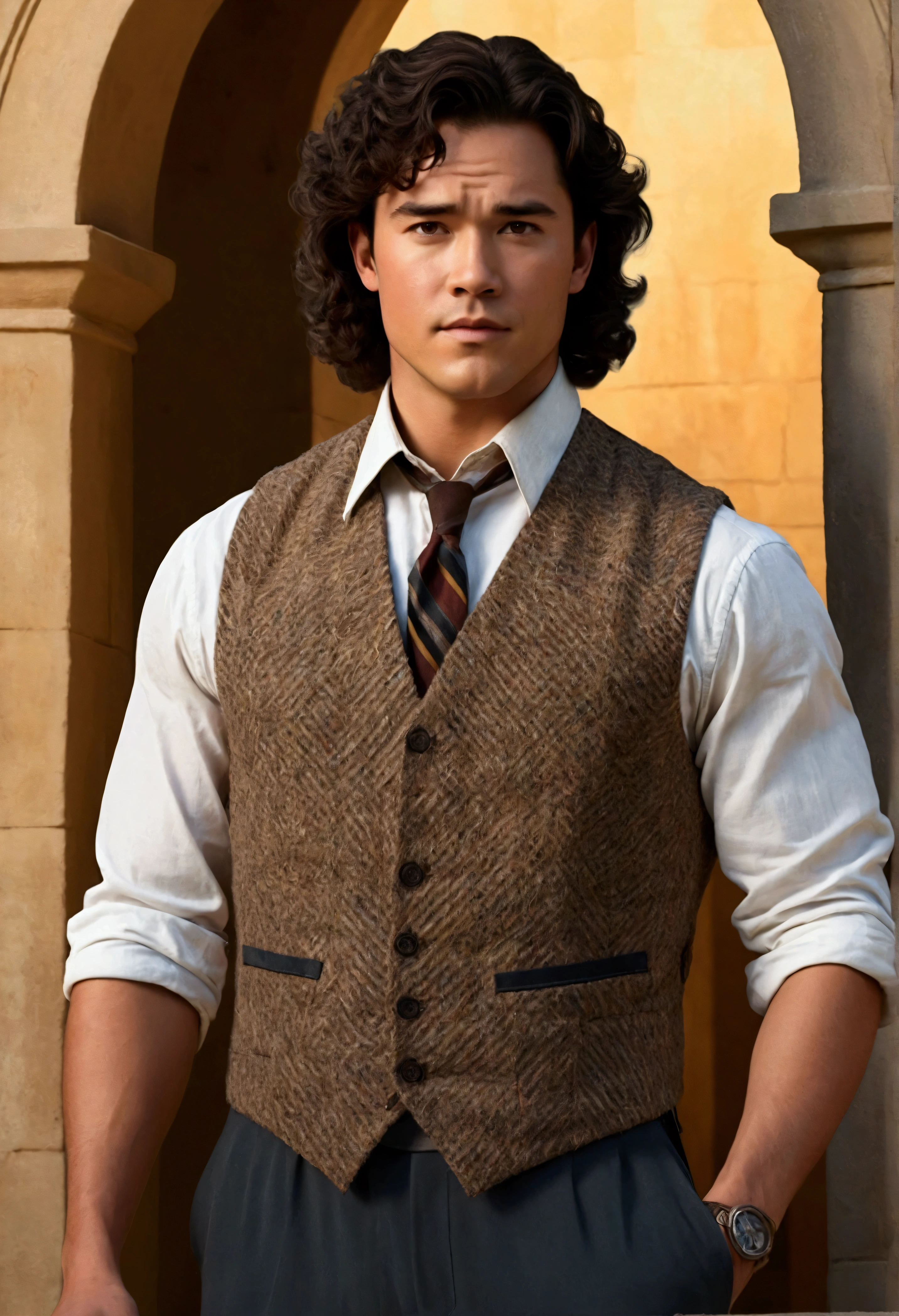 An illustrated movie poster, hand-drawn, full color, a Hogwarts Professor, 21 years old, male, brown eyes, brown-black hair, voluminous curly mane, suntan complexion, medium height, broad shoulders, stocky frame, muscular, rugged scruffy appearance, lots of body hair, resembles Dean Cain, wearing a tweed vest and slacks, standing in the transfiguration courtyard, hard shadows, graphite shading, stencil marks, airbrushed acrylic paint, masterpiece, in the style of the Deathly Hallows
