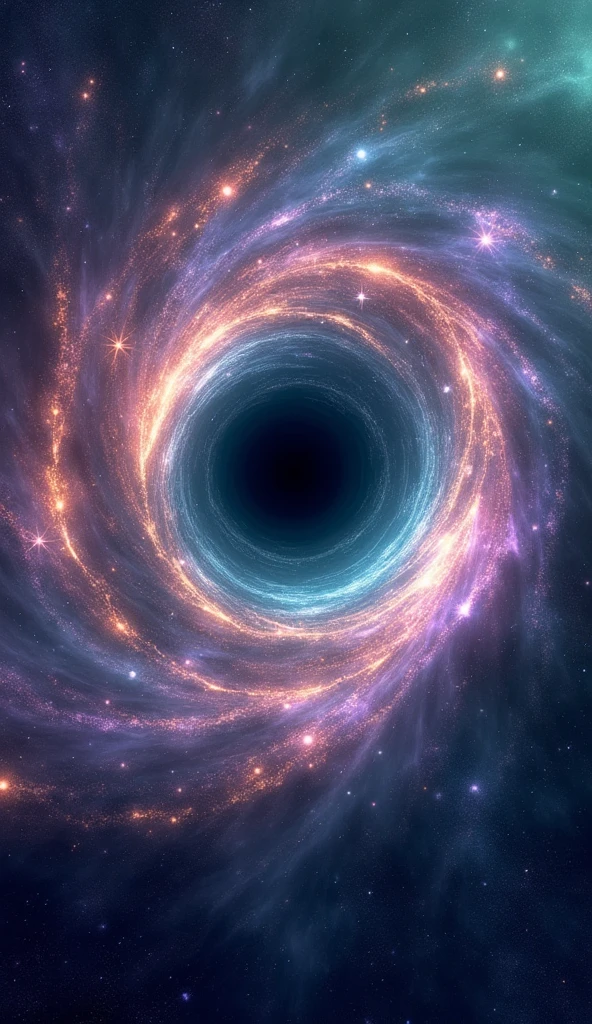 Imagine a surreal and mystical black hole at the center of a vast, ethereal galaxy. Instead of being a void of darkness, this black hole glows with an iridescent aura, surrounded by swirling rings of light that shimmer in hues of deep purples, blues, and emerald greens. The event horizon is a mesmerizing spiral of energy, pulling in nearby stars and cosmic dust, which stretch and distort as they spiral inward, creating a stunning visual vortex of light and color. Surrounding the black hole, streams of luminous gas and particles flow like rivers of liquid light, drawn into the black hole’s gravitational pull. Occasionally, bursts of radiant energy shoot out from the poles of the black hole, lighting up the surrounding space with brilliant flashes that ripple across the galaxy. The entire scene is both awe-inspiring and terrifying, a cosmic dance of creation and destruction, where the laws of physics bend and reality seems to blur into a dreamlike state.