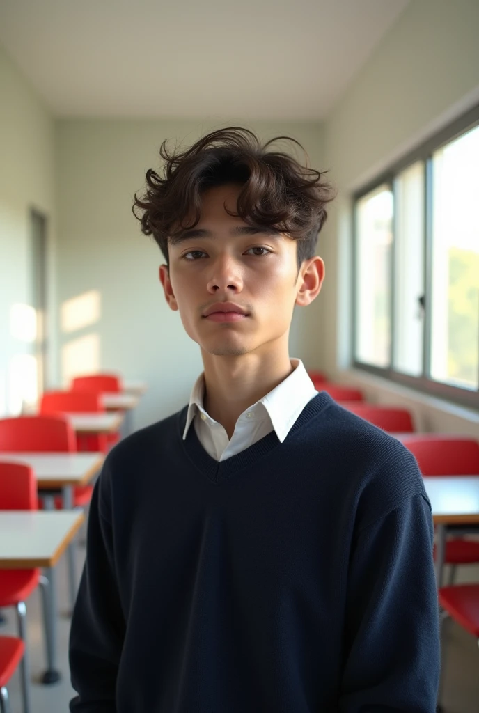 Create a hyper realistic poster of a white 16 year old MAN, with wavy brown hair and dark brown eyes, hairstyle must be short curtains/middle part, slim build, dark navy blue sweater/jersey, background must be a white empty classroom with white desks and red chairs, in the University of the Incarnate Word Bajío, Mexico, facial expression must be neutral. Ethnicity must be white. Soft facial features, And a feminine jawline with a short ramus length. Poster must include a text saying “Alfred Brizuela”. Soft jawline. Hair length is slightly short