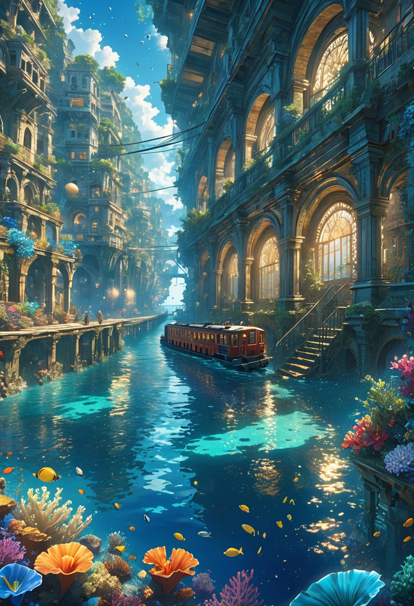 score_9, score_8_upper, score_7_upper,(((Fantastic underwater city))),Sea,Artistic underwater city,A city sunk to the bottom of the sea,train,ruins,beautiful海,Sunken rail,(((Blue overall color))),summer,Streaks of light from the water surface,(masterpiece, Highest quality, Highest quality, Official Art, beautifull, beautiful:1.2,Ray Tracing),Very detailed,Blue tones,Very detailed, (Fractal Art:1.3), Most detailed, High resolution, Impressive visuals, (Dynamic Stripes, Light trail:1.2), Detailed Images
