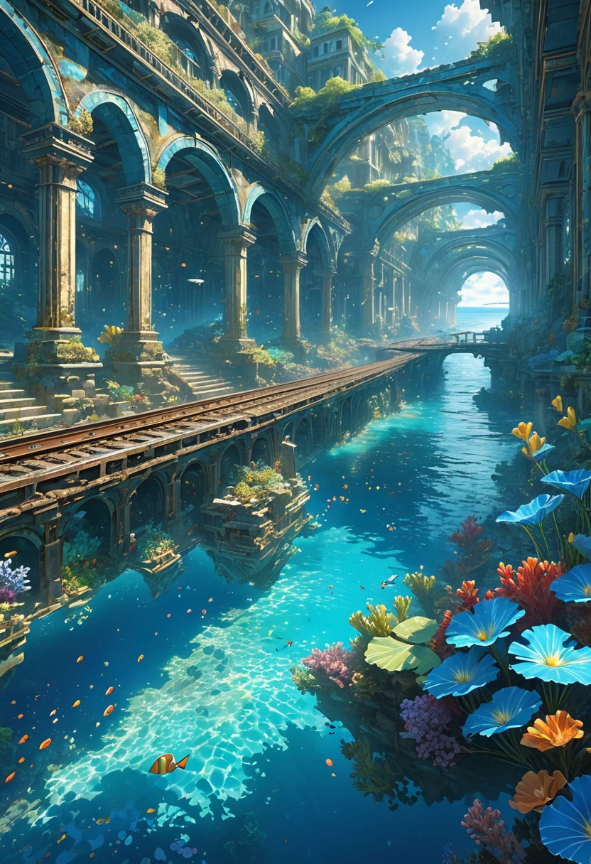score_9, score_8_upper, score_7_upper,(((Fantastic underwater city))),Sea,Artistic underwater city,A city sunk to the bottom of the sea,train,ruins,beautiful海,Sunken rail,(((Blue overall color))),summer,Streaks of light from the water surface,(masterpiece, Highest quality, Highest quality, Official Art, beautifull, beautiful:1.2,Ray Tracing),Very detailed,Blue tones,Very detailed, (Fractal Art:1.3), Most detailed, High resolution, Impressive visuals, (Dynamic Stripes, Light trail:1.2), Detailed Images
