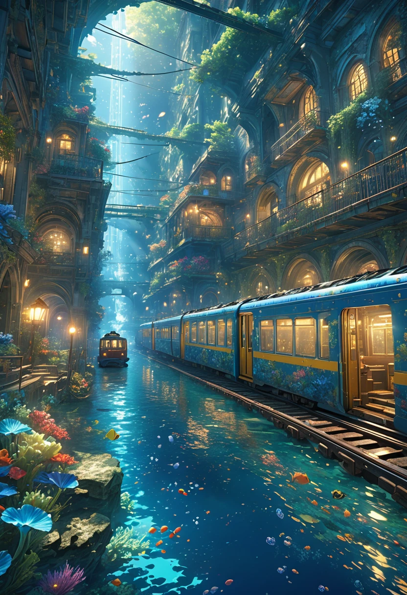 score_9, score_8_upper, score_7_upper,(((Fantastic underwater city))),Sea,Artistic underwater city,A city sunk to the bottom of the sea,train,ruins,beautiful海,Sunken rail,(((Blue overall color))),summer,Streaks of light from the water surface,(masterpiece, Highest quality, Highest quality, Official Art, beautifull, beautiful:1.2,Ray Tracing),Very detailed,Blue tones,Very detailed, (Fractal Art:1.3), Most detailed, High resolution, Impressive visuals, (Dynamic Stripes, Light trail:1.2), Detailed Images