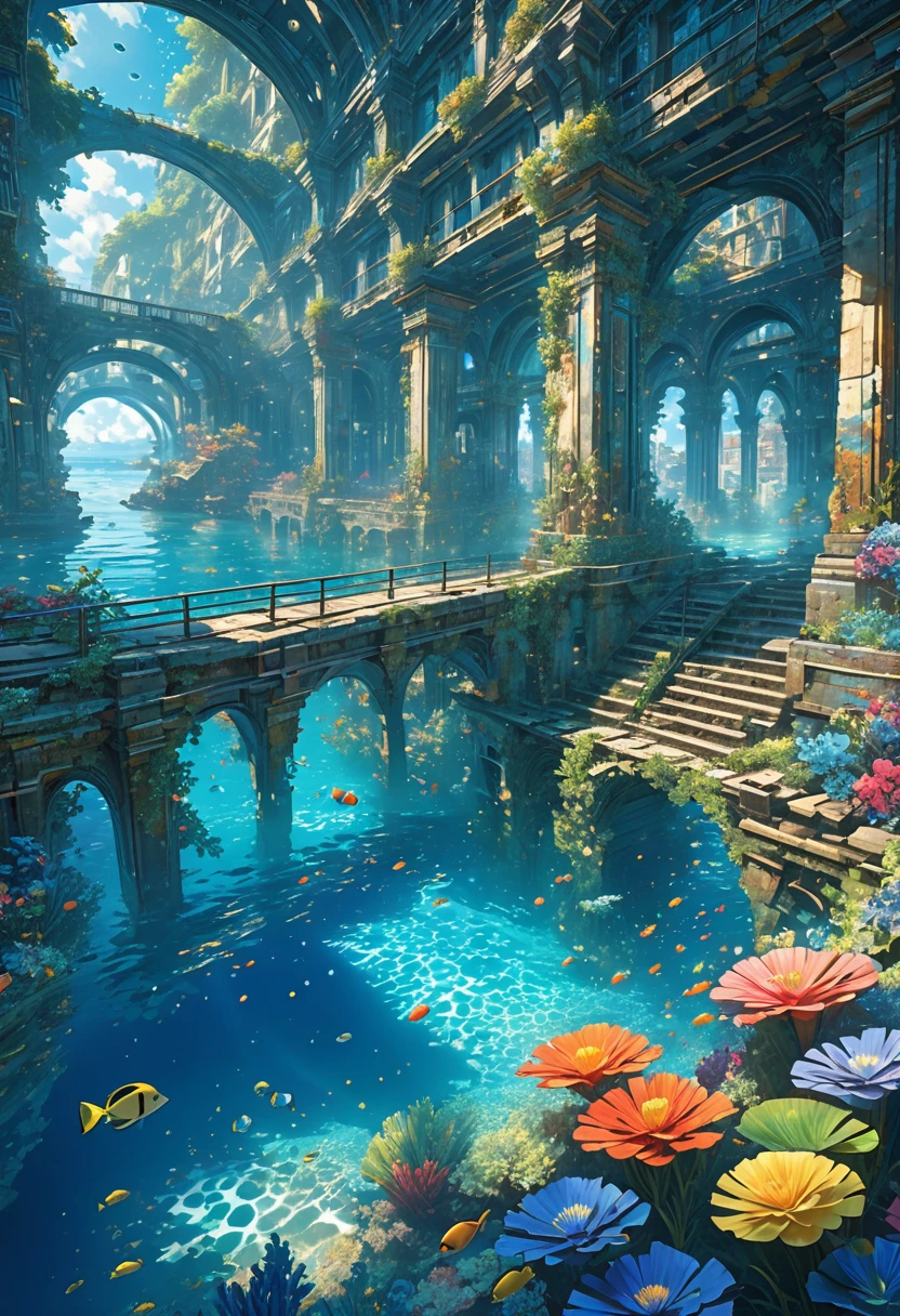 score_9, score_8_upper, score_7_upper,(((Fantastic underwater city))),Sea,Artistic underwater city,A city sunk to the bottom of the sea,train,ruins,beautiful海,Sunken rail,(((Blue overall color))),summer,Streaks of light from the water surface,(masterpiece, Highest quality, Highest quality, Official Art, beautifull, beautiful:1.2,Ray Tracing),Very detailed,Blue tones,Very detailed, (Fractal Art:1.3), Most detailed, High resolution, Impressive visuals, (Dynamic Stripes, Light trail:1.2), Detailed Images