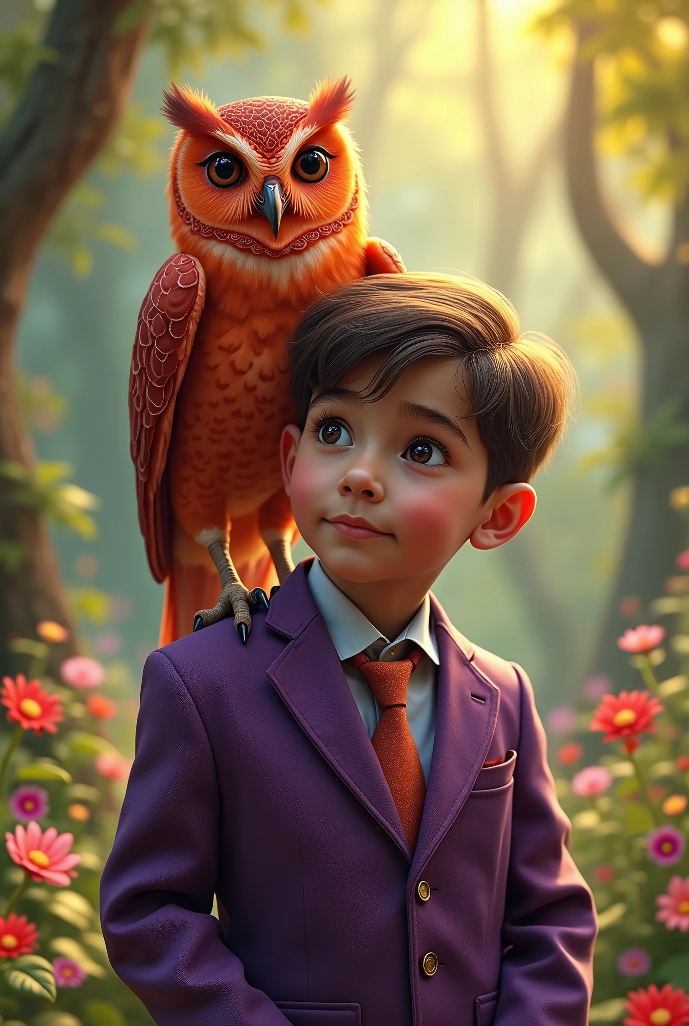 Red owl and a brown boy in a purple suit