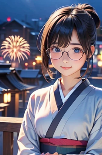 Quiet、serious、Honor student、moderate、sober、cute、A quiet beautiful girl、Glasses、kimono、Fireworks Date、night、Tied hair、とてもcute