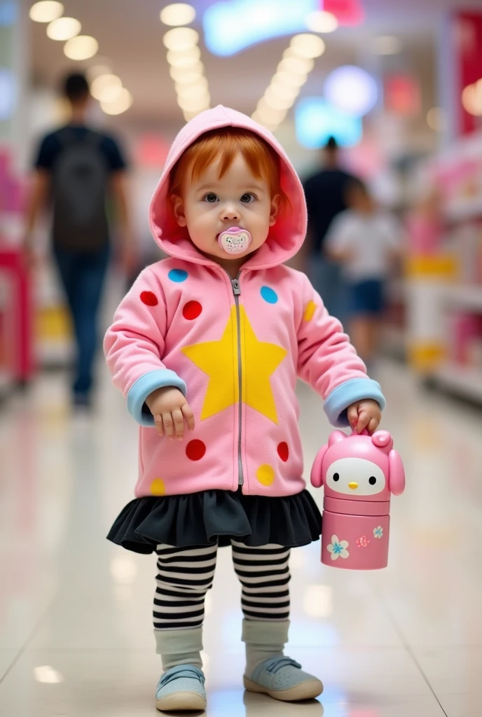 create an image  redhead short hair wearing an outfit consisting of a pink hooded jacket, with a big yellow star on the front and colorful spots. The jacket has light blue cuffs and a black ruffled hem with gray stripes.. down, there are black and white striped leggings, combined with pastel striped socks, sucking on a hello kitty pacifier in a mall holding a pink thermos with the character "My Melody" from Sanrio. It has a handle and a lid that looks like My Melody&#39;s head., with ears and a flower. The body of the bottle is decorated with illustrations of My Melody in various poses., along with flowers and hearts.