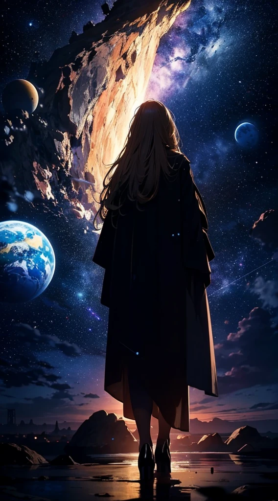 1people々々々々々々々々々々々々々々々々,Blonde long-haired woman,Long coat, Dress Silhouette, Rear View,Space Sky, Cracked planet in the sky,