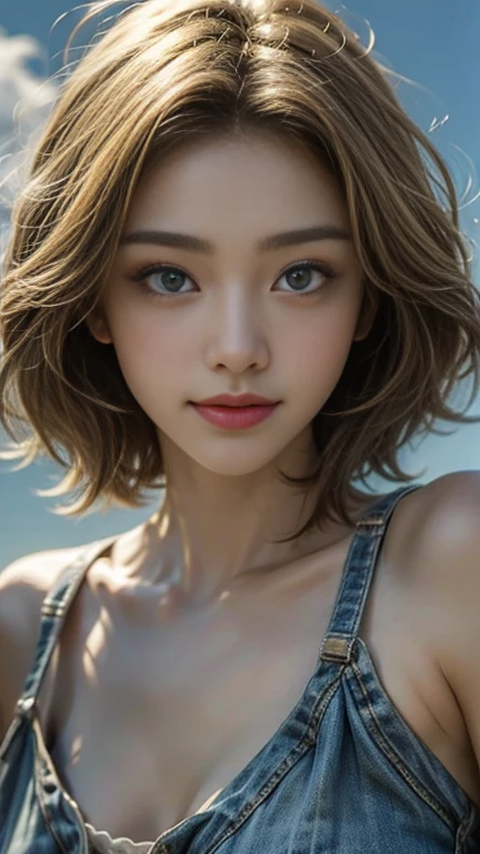 (masterpiece: 1.2, Portraiture, Highest quality), Realistic, (Live Action, Intricate details, Written boundary depth), Highest quality, masterpiece, Attention to detail, semi-Realistic, Smiling in a balloon, shy, 21 years old, Short blonde, blue eyes, blonde、 Slim figure、Shoulder Bare、Shorts and T-shirt 、Blue sky and a few clouds、Shoulder Bare