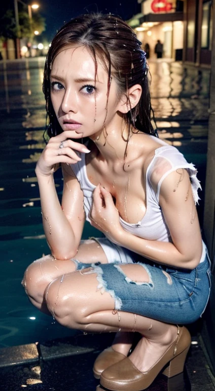 best image quality, masterpiece, super high resolution, (fidelity:1.4), photo, 1 girl, white shirt, torn jeans, High heels,Damaged denim miniskirt、 dim, darkness, despair, pity, poor, movie, tears, teardrops, (torn clothes:1.7), (wet clothes:1.7), Rain-soaked clothes stick to the body and become transparent、Soaking wet、(Nipple Covers)、bare shoulders, real rain, wet hair,..My hair is messy and messy、((Place your index finger on your chest))、Cover your mouth with your hands、Rubbing knees together、Fidgety、Camera angle from above、Camera angle from diagonally down、Camera angle from the side、The background is a busy downtown area at night with noticeable neon lights and lots of people.、For despair　Crouching down and looking up at the sky、