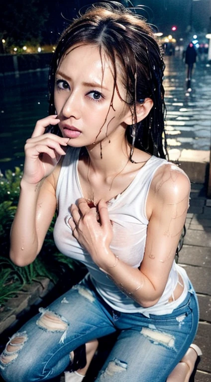 best image quality, masterpiece, super high resolution, (fidelity:1.4), photo, 1 girl, white shirt, torn jeans, High heels,Damaged denim miniskirt、 dim, darkness, despair, pity, poor, movie, tears, teardrops, (torn clothes:1.7), (wet clothes:1.7), Rain-soaked clothes stick to the body and become transparent、Soaking wet、(Nipple Covers)、bare shoulders, real rain, wet hair,..My hair is messy and messy、((Place your index finger on your chest))、Cover your mouth with your hands、Rubbing knees together、Fidgety、Camera angle from above、Camera angle from diagonally down、Camera angle from the side、The background is a busy downtown area at night with noticeable neon lights and lots of people.、For despair　Crouching down and looking up at the sky、