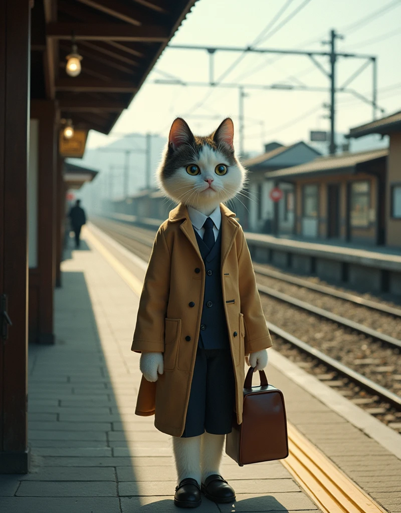 35mm lens,Multiple angles,Countryside scenery,Suburban,Back,side,silhouette,Overhead shot,Cat,Standing,doll,Carrying a small school bag,tram,Hokkaido,Autumn Station,Wooden house,Platform, cloak,Ruan Jia,Suit,tie, (Delicate face), (Fine fluffy fur),(35mm Cinema Lens),(Multi-angle shooting),(many viewing angles)