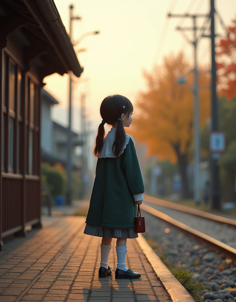 35mm lens,Multiple angles,Countryside scenery,Suburban,Back,side,silhouette,Overhead shot,Cat,Standing,doll,Carrying a small school bag,tram,Hokkaido,Autumn Station,Wooden house,Platform, cloak,Ruan Jia,Suit,tie, (Delicate face), (Fine fluffy fur),(35mm Cinema Lens),(Multi-angle shooting),(many viewing angles)