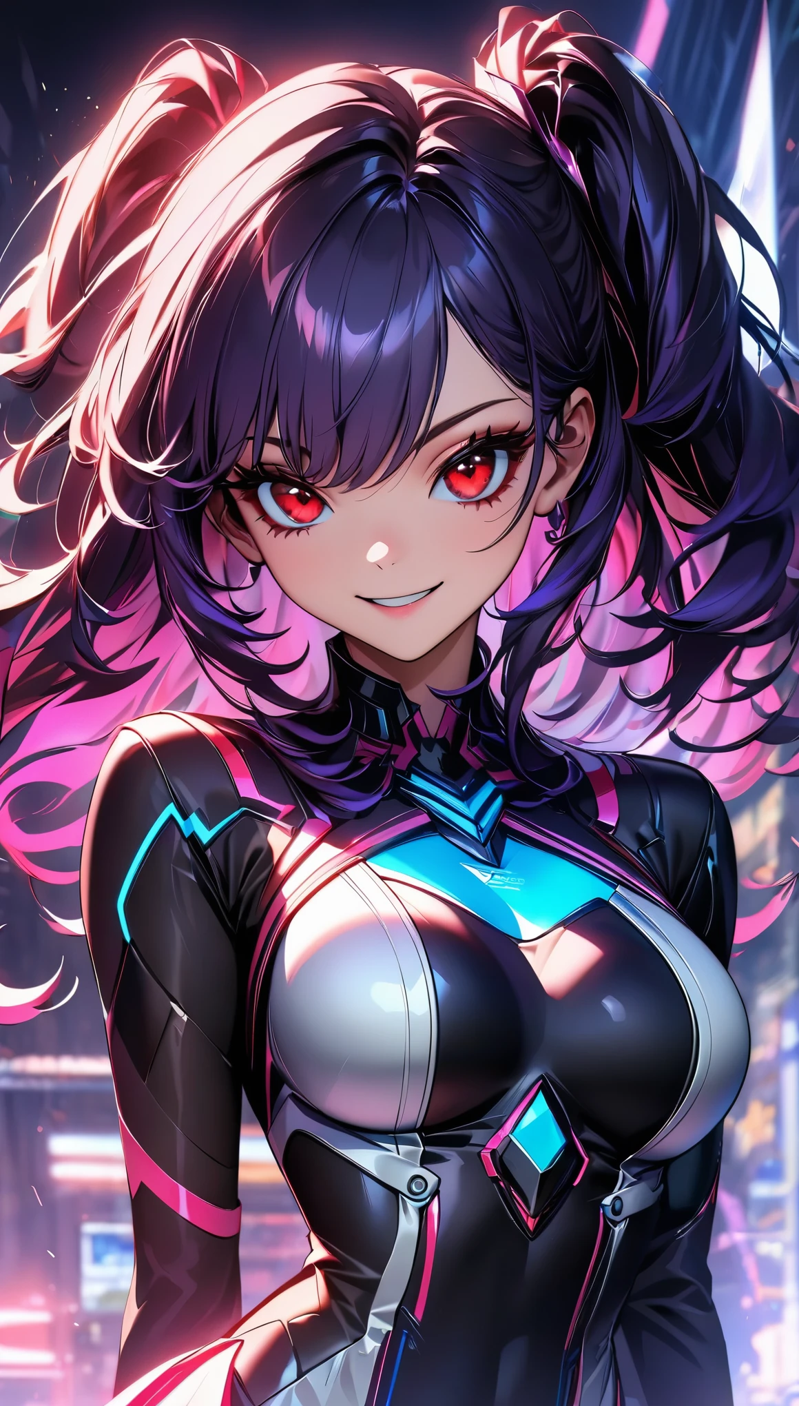 (Highest quality:1.2, Very detailed, up to date, Vibrant, Ultra-high resolution, High Contrast, masterpiece:1.2, Best aesthetics), (((1 person, beautiful girl))), super beautiful, Cyberpunk Style, and young々Beautiful appearance, Futuristic bodysuit with neon accents and glowing circuit patterns, Cybernetic Dress:1.2, Advanced personas created by cutting edge technology companies, The ultimate virtual idol, The concept colors are purple and blue., ((A nasty smile, Beautiful eyelashes, Beautiful red eyes)), Futuristic live stage, Dramatic colors, Chiaroscuro, Bust Shot, Sexy pose.