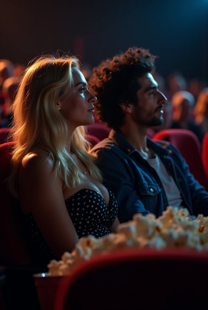 blonde woman and man with black hair, at the cinema( Let it not be seen that there is love)