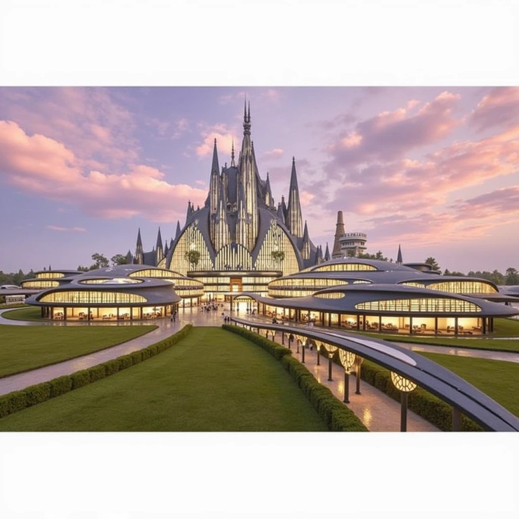 "A majestic, modern castle, the Zalvediuse Institute, stands tall against a backdrop of a dramatic sky. The building is a striking blend of black and gold, with towering spires, intricate window patterns, and a grand entranceway that hints at the power and prestige within. The design is both futuristic and timeless, blending sleek lines with traditional castle elements."