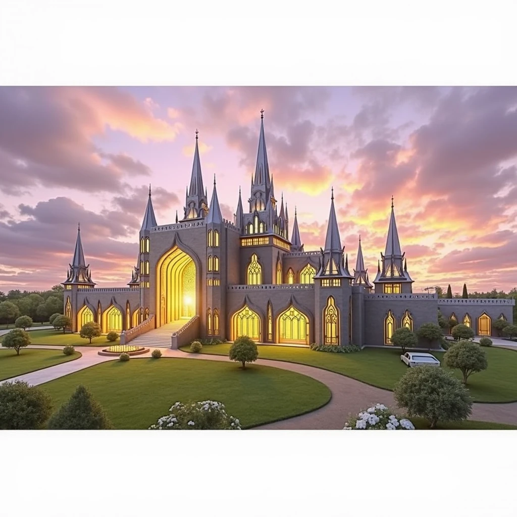 "A majestic, modern castle, the Zalvediuse Institute, stands tall against a backdrop of a dramatic sky. The building is a striking blend of black and gold, with towering spires, intricate window patterns, and a grand entranceway that hints at the power and prestige within. The design is both futuristic and timeless, blending sleek lines with traditional castle elements."