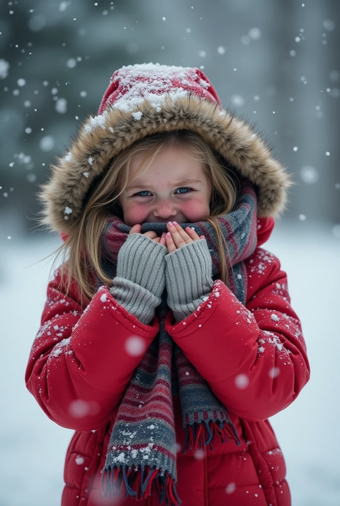 A girl in winter clothes, her eyes red and tearful, frantically pushes a soft, pleasantly scented scarf deeper into her mouth. The scarf fills her mouth completely, muffling her sounds. Her hands, bound by another scarf, shake as she struggles to force the fabric further inside.