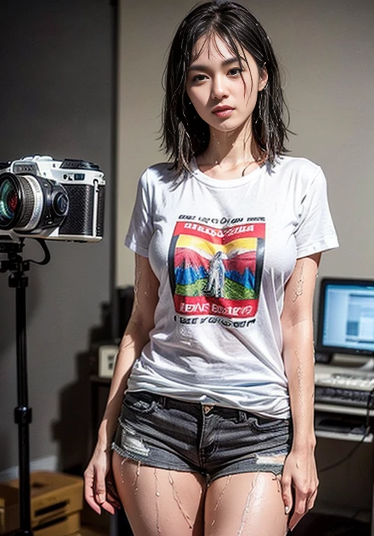A boldly composed photograph of a Japanese woman that looks like it was taken by a famous artistic photographer, (((Blockbuster art photography)), (8k, Highest quality). A stunning composition using a model with excellent proportions. Perfect beauty model with a confident and balanced appearance, ((Highest quality質)), ((masterpiece)), (Familiar:1.4), ((Highest quality質のリアルな写真)), ((Shot with Hasselblad)), ((Best photo quality)), Beautiful womanの画像,Super Resolution,Slim and perfectly proportioned, Beautiful woman, ((Highest quality質, 8k, masterpiece: 1.3)), Beautiful woman, 1 female, Slim figure: 1.1, Perfect beauty, 20-year-old, (Realistic: 1.4), Ahegao, Shining Sweat, thin, Art photo composition with space around the woman, See through, (((Filming in a spacious studio))), (((The background is only gray and there is nothing.))), Full body photo, Anatomically correct hand, Anatomically correct legs, anatomically correct whole body, Marble room, White t-shirt and shorts. Cowboy Shot, (((Holding your crotch with your hand))). Spread your legs, drinking beer, Nipples are protruding,, (((Your T-shirt is wet with beer))),