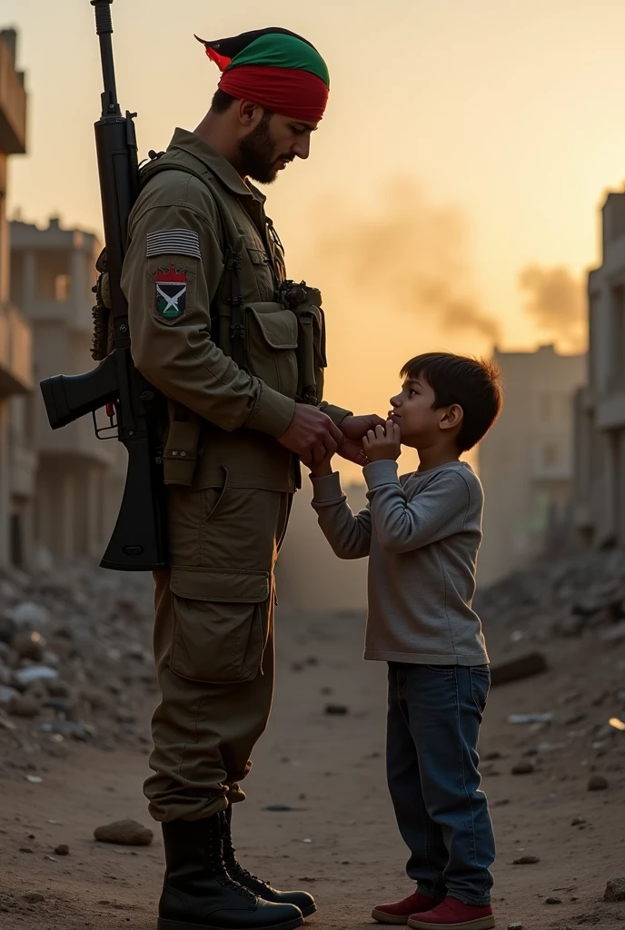 Picture of a Palestinian soldier wearing a Palestinian flag headband carrying an RPG kissing his son&#39;s hand in Gaza