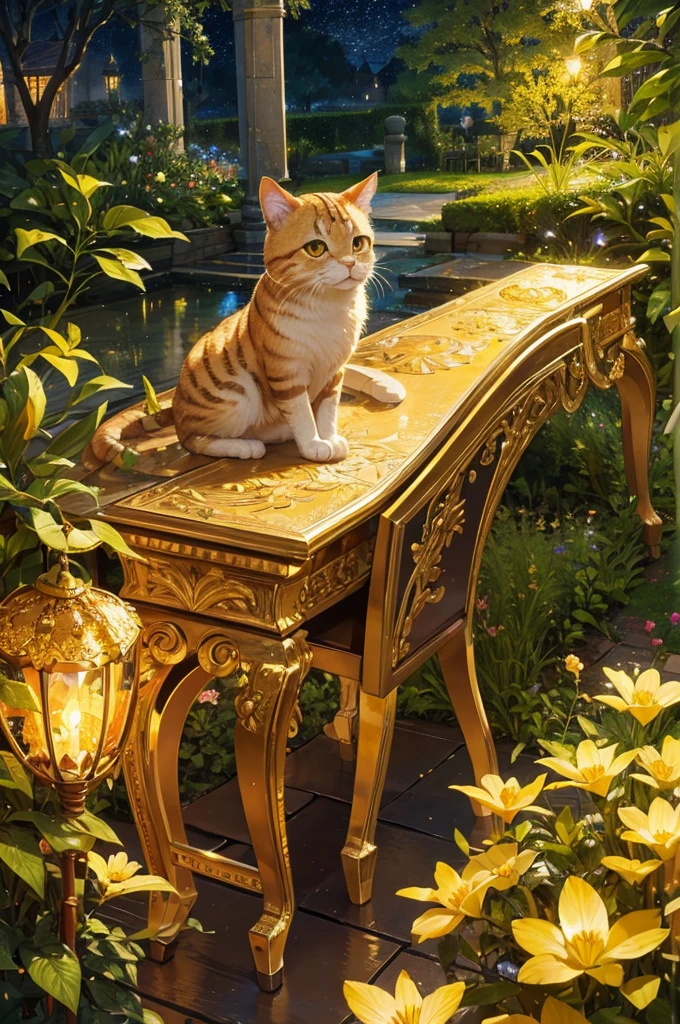high quality, High resolution, Attention to detail, detailed、Golden Cat、Wearing shining crystals、Light、bright、mysterious、night、Medieval European Gardens