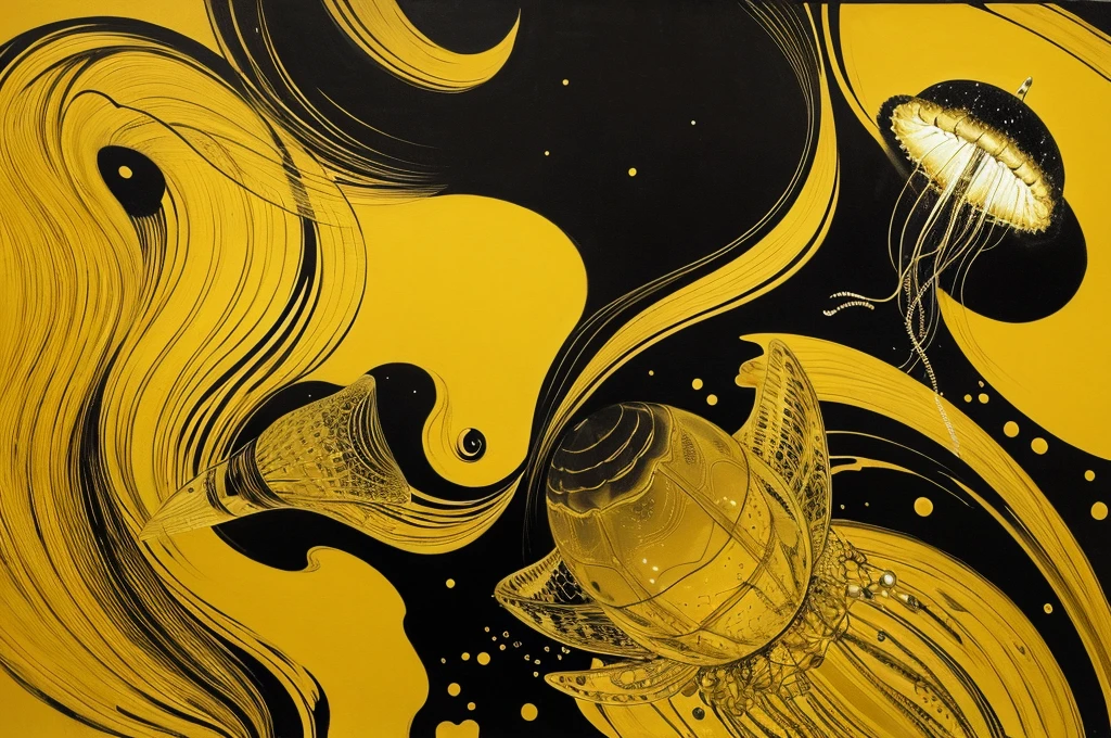 very large,one jellyfish,monochrome,old painting,yellow background,Rantan,space,midlle age