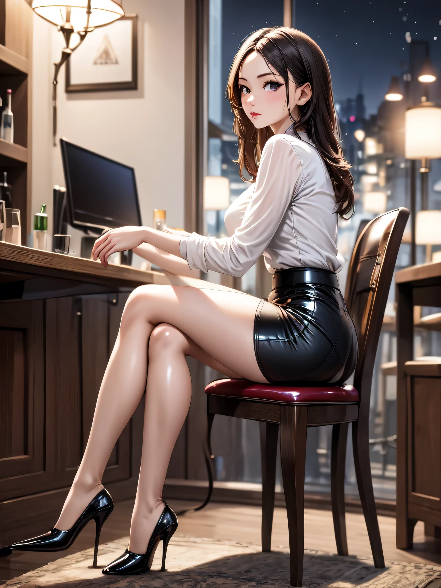 (masterpiece, best quality, highest quality, Masterpiece, 8k:1.5),((Full Body Shot,Including face,1girl)), ((Focus on the face,Symmetrical facial features)), Beautiful woman, (slender), ((High heels)), Detailed depiction of the face, Cafe,bar, (latex, skirt,No sleeve, OL, Sit on a chair:1.5), Woman sitting at a desk drinking coffee, profile, Inside the store at night, Spotlight