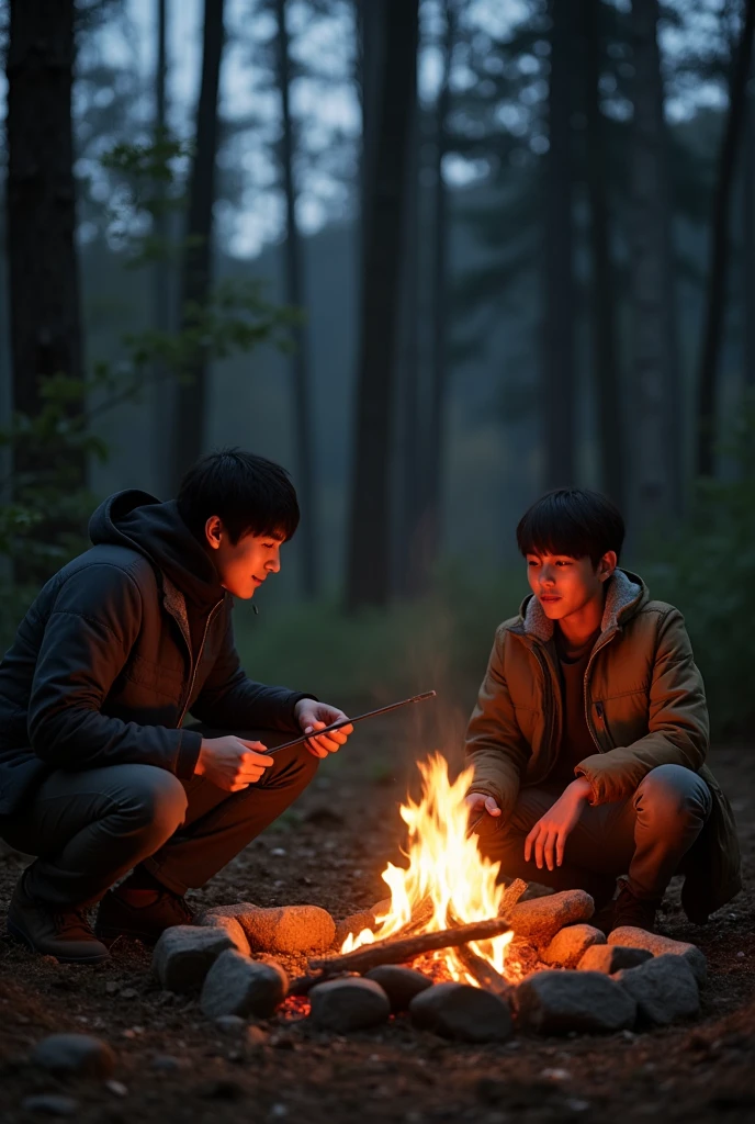 Taehyung around a campfire with his father in the woods