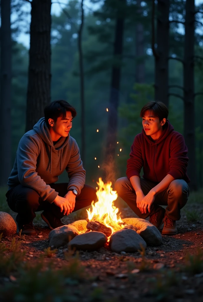 Taehyung around a campfire with his father in the woods 
