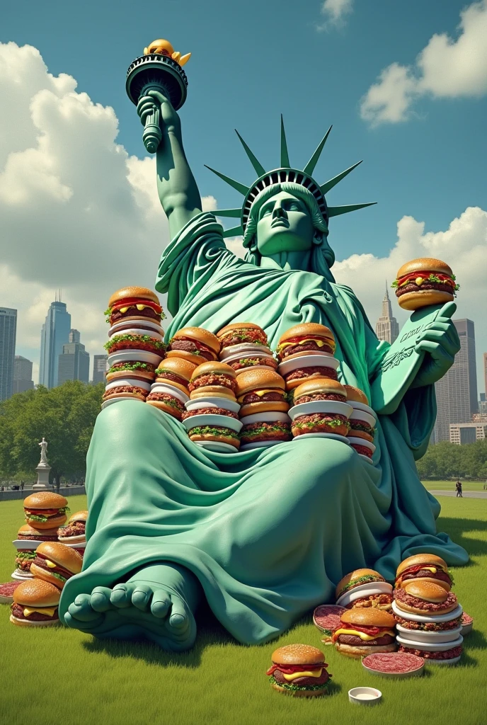 Fat Statue of Liberty Lying down Protruding nipples Eat 100 bowls of ramen With a burger in each hand No clothes