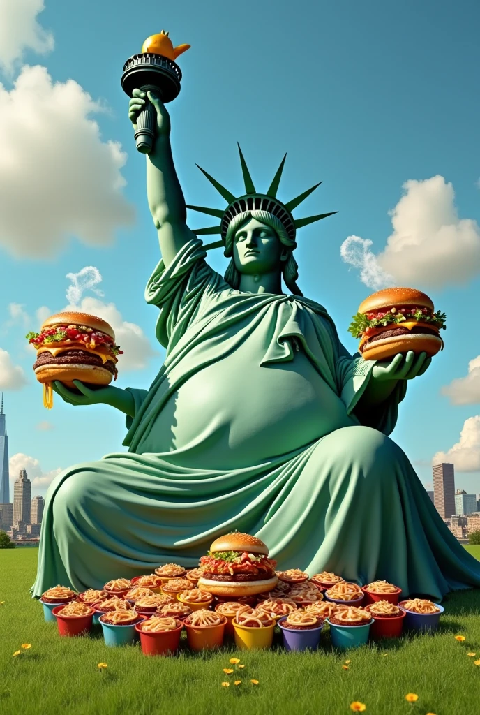 Fat Statue of Liberty　Lying down　Protruding nipples　Eat 100 bowls of ramen　With a burger in each hand　No clothes