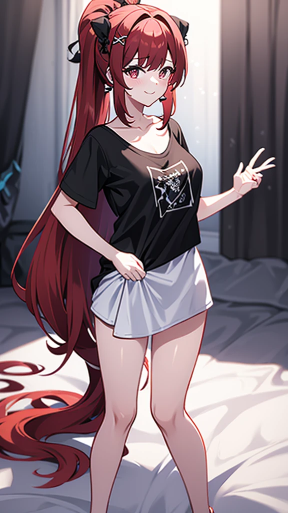 High tail hairstyle, two Ponytail hairstyle, Ponytail hairstyle, Long wavy black hair, standing posando, anime girl style, pixel art anime style,penetrating look with deep eyes,red and purple eyes, hair with a ponytail hairstyle trapped with a big red bun, women, red hair clips, x color shaped hair clips , smiling face blush, next to his bed, Black hair, thighs grandes, NSFW, from below, neckline, looking at the viewer, lascivious smile, ((oversized t-shirt)), off the shoulders, without pants, washing machines, thighs, ((White T-shirt)), standing, hands on the hips,