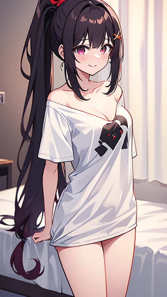 High tail hairstyle, two Ponytail hairstyle, Ponytail hairstyle, Long wavy black hair, standing posando, anime girl style, pixel art anime style,penetrating look with deep eyes,red and purple eyes, hair with a ponytail hairstyle trapped with a big red bun, women, red hair clips, x color shaped hair clips , smiling face blush, next to his bed, Black hair, thighs grandes, NSFW, from below, neckline, looking at the viewer, lascivious smile, ((oversized t-shirt)), off the shoulders, without pants, washing machines, thighs, ((White T-shirt)), standing, hands on the hips,
