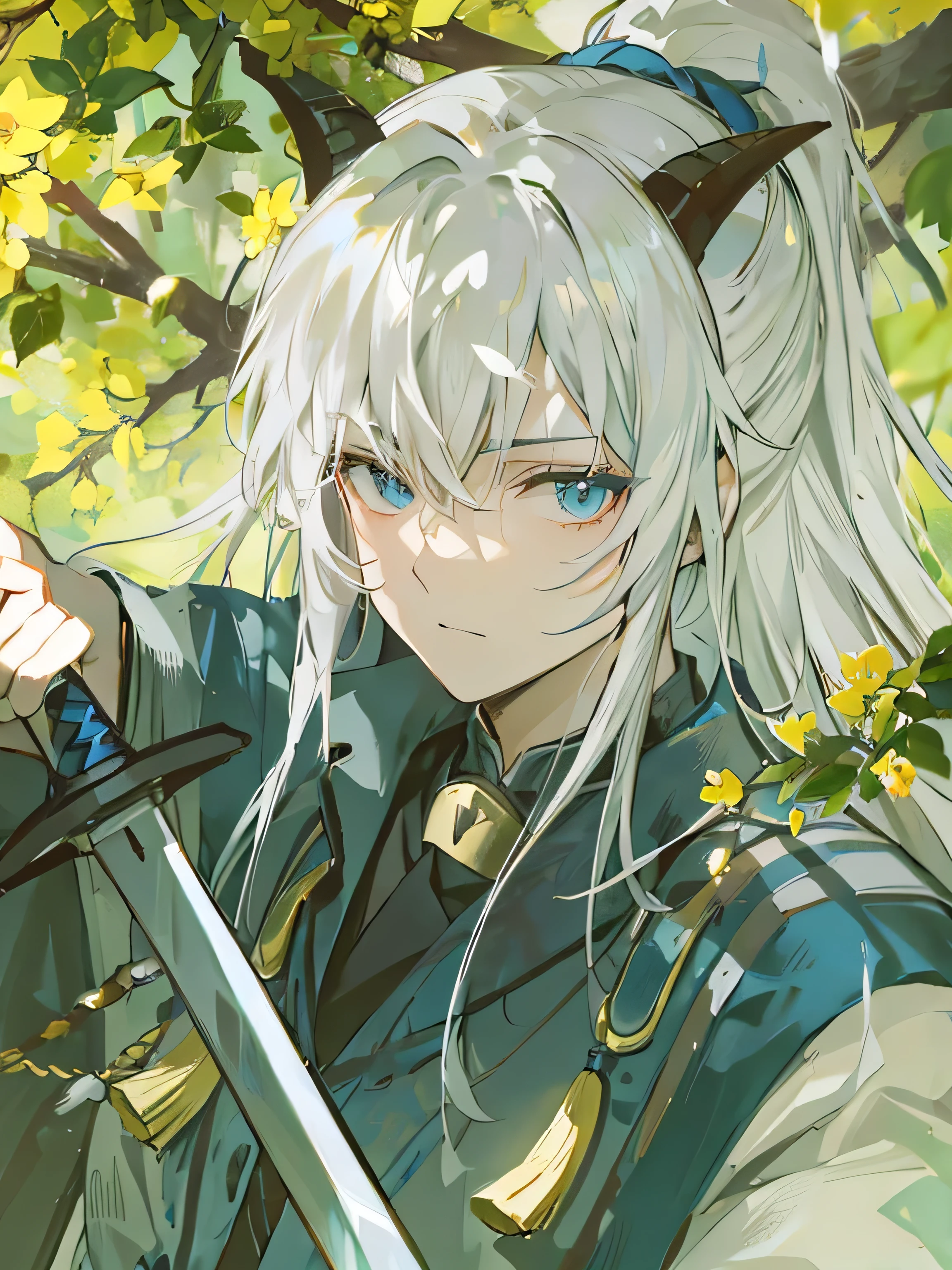 Cool atmosphere,Sheep horns,Neck bell,Blue Eyes,male,antiquity,Chinese style,Holding a sword