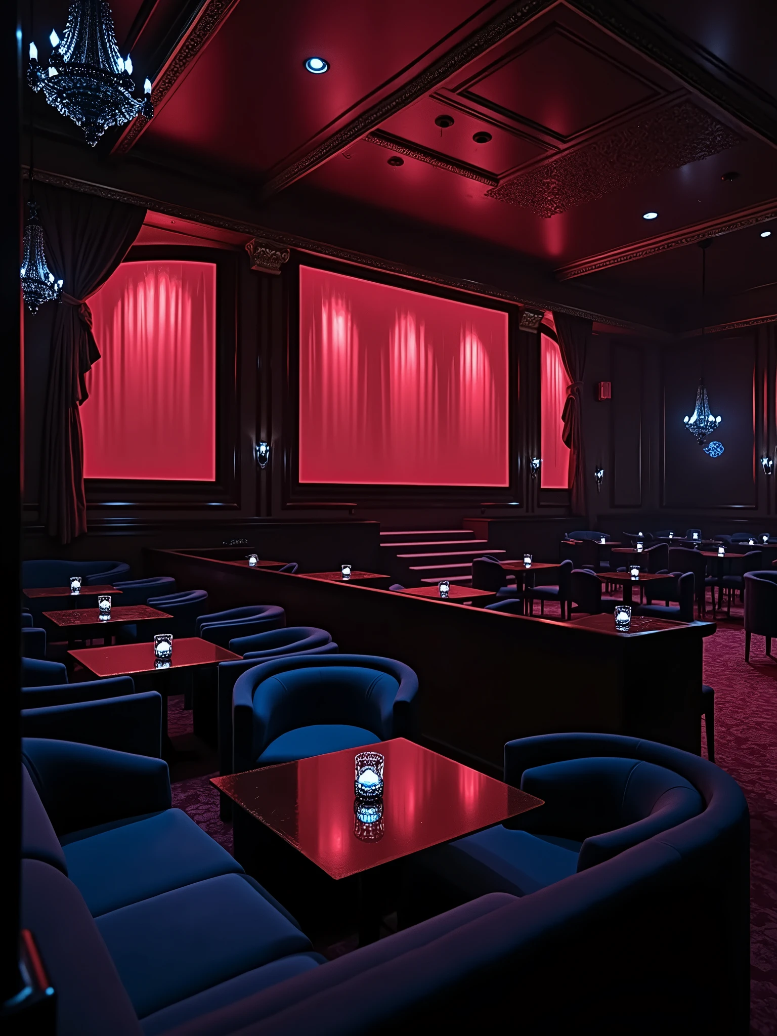 there is a room with tables and chairs and a projector screen, detailed an empty jazz cafe, ballroom background, random background scene, neo - noir setting, red room, nightclub, stage background, vip room, rich atmosphere, theatrical scenery, theater stage, empty stage, palatial scene, fancy restaurant, rich cinematic atmosphere, va-11 hall-a