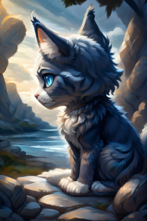 A cat from a fantasy world with navy blue fur, sitting looking at the landscape