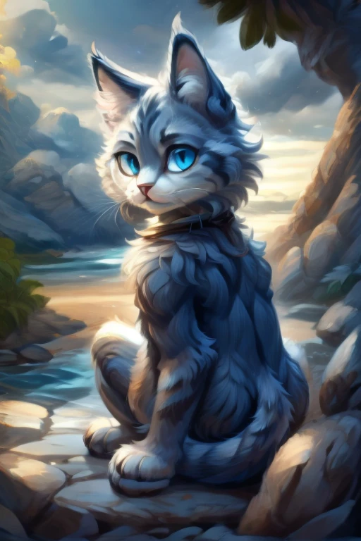 A cat from a fantasy world with navy blue fur, sitting looking at the landscape