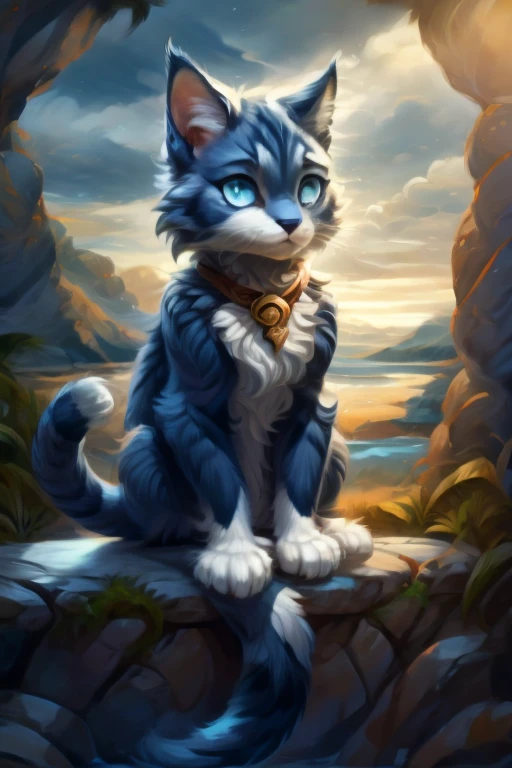 A cat from a fantasy world with navy blue fur, sitting looking at the landscape